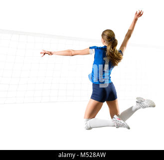 Jeune femme volley-ball player (version isolée avec net) Banque D'Images