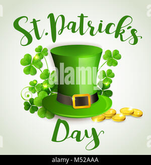 Chapeau vert, les feuilles de trèfle et de pièces d'or. Carte de vœux pour le jour de la Saint Patrick. Banque D'Images