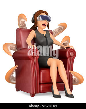 Les gens d'affaires 3d illustration. Businesswoman regardant un film effrayant avec des lunettes de réalité virtuelle. Isolé sur fond blanc. Banque D'Images