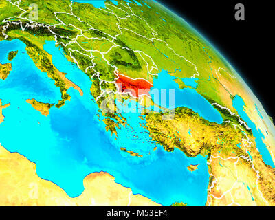 Vue de l'orbite de l'espace de la Bulgarie a souligné en rouge sur la planète Terre avec des frontières visibles. 3D illustration. Éléments de cette image fournie par la NASA. Banque D'Images