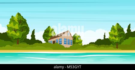 Petite maison sur la rive du fleuve. Paysage d'été en milieu rural Illustration de Vecteur