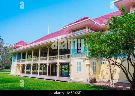 Belle architecture af Palais de Mrigadayavan, une ancienne résidence royale et une attraction touristique à Cha Am, Thaïlande Province Phetchaburi. Banque D'Images