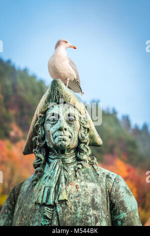 Seagull assis sur la statue du Baron Ludvig Holberg Banque D'Images