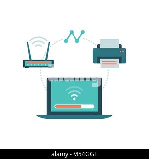 Coffre connexion avec routeur et l'imprimante : connexion sans fil et les périphériques concept Illustration de Vecteur