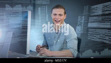 Digital composite de Businessman working on laptop avec interface texte à l'écran Banque D'Images