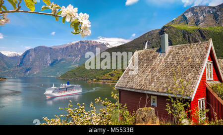 Chalet rouge contre le navire de croisière en fjord, Flam, Norvège Banque D'Images