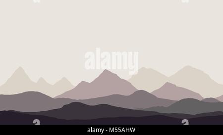 Vue panoramique sur le paysage de montagne avec du brouillard dans la vallée ci-dessous avec l'alpenglow ciel gris - vector Illustration de Vecteur