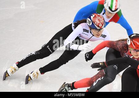 Pyeongchang, Corée du Sud. Feb 20, 2018. Kim Alang (C) de l'équipe de la Corée du Sud est en concurrence au cours de Ladies' 3000m finale du relais du patinage de vitesse courte piste à l'occasion des Jeux Olympiques d'hiver de PyeongChang 2018 à Gangneung Ice Arena, Gangneung, Corée du Sud, le 20 février 2018. La Corée du Sud de l'équipe championne revendiquée dans un temps de 4:07,361. Credit : Wang Song/Xinhua/Alamy Live News Banque D'Images