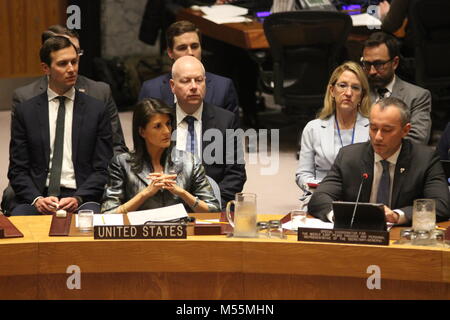 Nations Unies, New York, USA. Feb 20, 2018. Comme l'Envoyé DES NATIONS UNIES Nickolay Mladenov a informé le Conseil de sécurité sur la Palestine, Nikki Haley nous et Jared Kushner. Photo : Matthew Russell Lee / Inner City Press Crédit : Matthew Russell Lee/Alamy Live News Banque D'Images