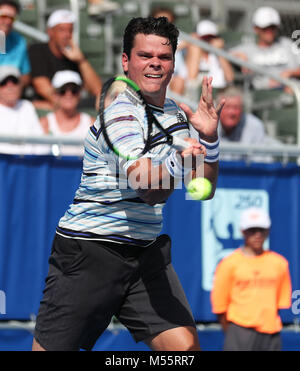 Delray Beach, Florida, USA. Feb 20, 2018. Milos Raonic, du Canada, de frappe un coup droit contre Taro Daniel, depuis le Japon, au cours de l'Open ATP de Delray Beach 2018 Tournoi de tennis professionnel, joué au stade de Delray Beach & Tennis Center à Delray Beach, Florida, USA. Milos Raonic a remporté 6-1, 7-5. Mario Houben/CSM/Alamy Live News Banque D'Images