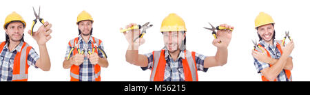 Young construction worker des tenailles isolated on white Banque D'Images