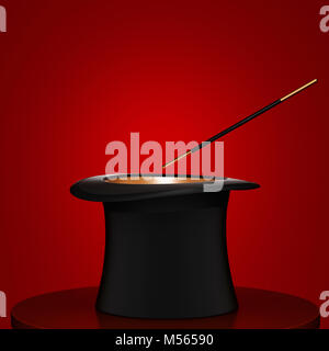 Magician hat avec Magic wand sur fond rouge. Le rendu 3D Banque D'Images