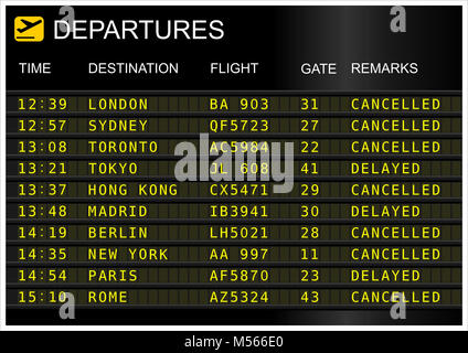 Les départs des vols a isolé sur fond blanc. Vol retardé et annulé Banque D'Images