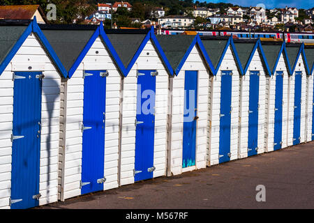 Une rangée de cabines de plage sur la côte de Devon en Angleterre. Banque D'Images