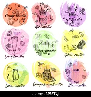 Ensemble de croquis dessinés à la main avec smoothie style fruits et légumes. Vector illustration isolé. Illustration de Vecteur