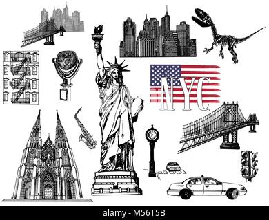 Ensemble de croquis dessinés à la main, sur le thème de style New York objets isolés. Vector illustration. Illustration de Vecteur