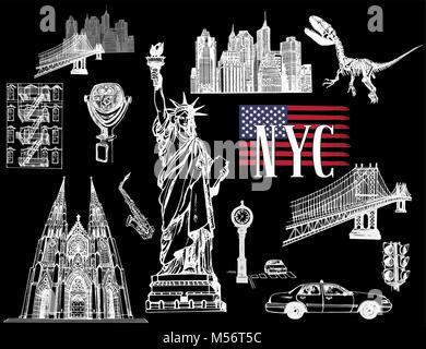 Ensemble de croquis dessinés à la main, sur le thème de style New York objets isolés. Vector illustration. Illustration de Vecteur