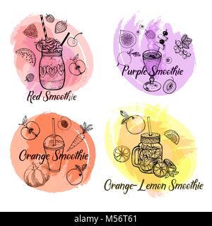 Ensemble de croquis dessinés à la main avec smoothie style fruits et légumes. Vector illustration isolé. Illustration de Vecteur
