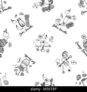 Motif de la main transparente style croquis avec smoothie fruits et légumes. Vector illustration isolé. Illustration de Vecteur