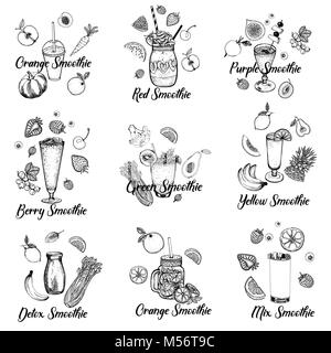 Ensemble de croquis dessinés à la main avec smoothie style fruits et légumes. Vector illustration isolé. Illustration de Vecteur