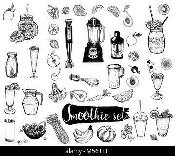 Ensemble de croquis dessinés à la main avec smoothie style fruits, légumes et ustensiles de cuisine. Vector illustration isolé. Illustration de Vecteur