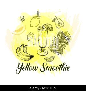 Ensemble de croquis dessinés à la main, jaune style avec smoothie fruits. Vector illustration isolé. Illustration de Vecteur