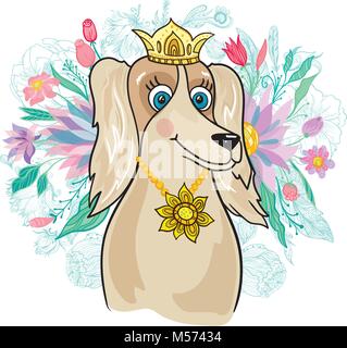 Caractère Girly avec couronne d'or et bijoux pendentif tournesol sur fond blanc Illustration de Vecteur