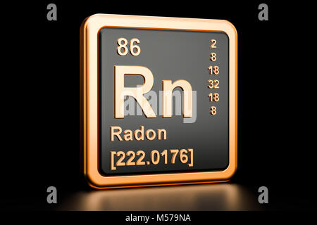 Le Radon Rn, élément chimique. Le rendu 3D isolé sur fond noir Banque D'Images