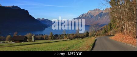 Scène d'automne dans la région de Brienz. Pré Vert, maisons et le lac de Brienz. Lake Lodge Hostel de montage. Paysage en Suisse. Banque D'Images