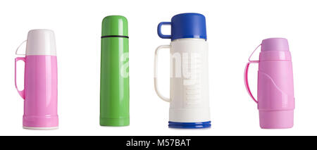 En plastique et métal de couleur isolé sur fond blanc thermos de café,tumbler thermos. Banque D'Images