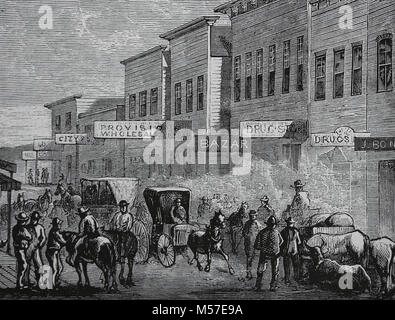 United States. Parsons city. Kansas. Jour de marché. Gravure, 1874. Harper's Weekly. Frenzeny et Tavernier. Banque D'Images