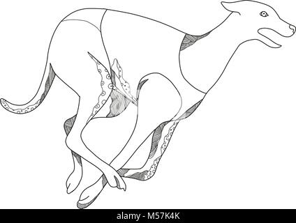 Doodle art illustration d'un chien qui court Greyhound Racing vu de côté en noir et blanc fait dans le style de mandala. Illustration de Vecteur