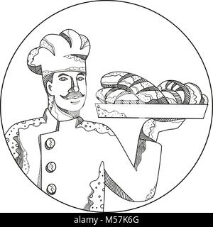 Doodle art illustration d'un boulanger ou pâtissier tenant une assiette de pain mis à l'intérieur du cercle fait en style de mandala. Illustration de Vecteur