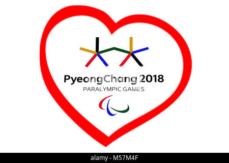 14 décembre 2017 Moscou, Russie Symboles XII Jeux paralympiques d'hiver à Pyeongchang, en République de Corée dans le coeur rouge Banque D'Images