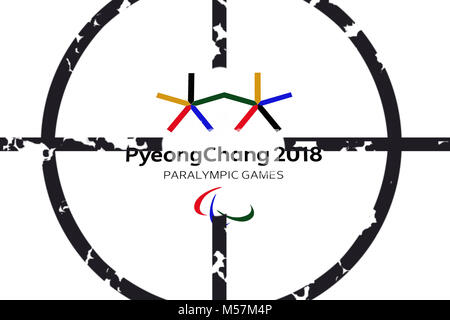 14 décembre 2017 Moscou, Russie Symboles XII Jeux paralympiques d'hiver à Pyeongchang, en République de Corée dans la lunette de visée Banque D'Images