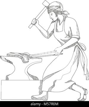 Doodle art illustration d'un forgeron ou femelle métal forgeage orfèvre à l'aide d'un marteau et d'un holding l'acier avec une pince sur enclume fait en mandala s Illustration de Vecteur