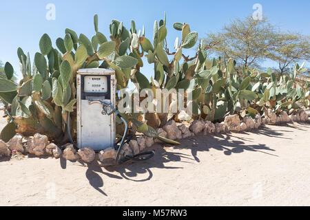 Pompe à essence ancienne en Namibie avec cactus du désert en arrière-plan, l'endroit connu sous le nom de solitaire. Banque D'Images