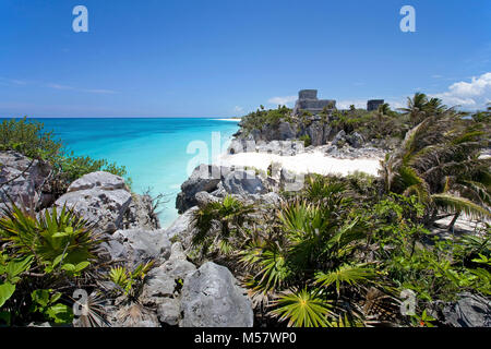 Ruines mayas, zone archéologique à Tulum, Riviera Maya, Quintana Roo, Mexique, Caraïbes Banque D'Images