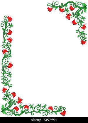 Vertical d'ornement floral frame avec des feuilles et des fleurs dans des tons vert et rouge, vector illustration Illustration de Vecteur