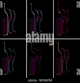 Silhouettes d'une bouteille et des verres avec le logo de vin vin Illustration de Vecteur