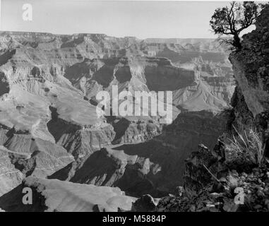 Historique du Grand Canyon. À l'EST DE POINT HAVASUPAI. INTRUSIONS GRANITIQUES NOTE À L'INTÉRIEUR DE LA FORMATION DE LA PAROI DU CANYON. DESERT VIEW PROMONTOIRE apparaît à droite, CENTRE VILLE ET À SA GAUCHE SQUARE SHOULDERED WOTAN'S THRONE. . CIRCA 1958. . Banque D'Images