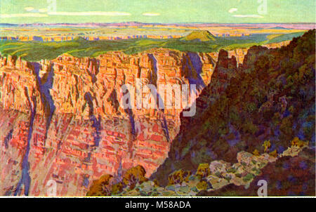 Grand Canyon Nat Park Carte Postale Widforss H. L'artiste, Gunnar Widforss, a donné sa conception de l'un "coucher de soleil sur le Painted Desert" vu depuis le toit de la tour de guet à Desert View. Nulle part dans le monde a le soleil une plus grande chance de mettre en gloire alors ici où le Painted Desert et le Grand Canyon. L'une des 10 cartes postales du Grand Canyon à partir de peintures de Gunnar Widforss publié en 1932 par Fred Harvey. Banque D'Images