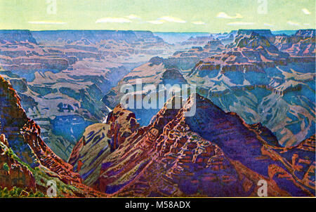 Grand Canyon Nat Park Widforss H. Carte postale depuis le toit de la tour de guet à Desert View l'envergure de la vision couvre des centaines de kilomètres carrés, une infinité de dômes et de tours, couronnant d'étranges temples et palais - dont les noms se lire comme un appel nominal des dieux : Rama, Vishnu, Wotan, Angels Gate, Zoroastre, Osiris, Isis, Horus, Shiva, le Grand et Havasupai pouce ! L'une des 10 cartes postales du Grand Canyon à partir de peintures de Gunnar Widforss publié en 1932 par Fred Harvey. Banque D'Images