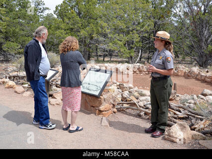 Le Parc National du Grand Canyon Tusayan Ruin Ranger conduit d' . Une visite à l'Tusayan Museum et ruine fournit un aperçu de la vie des Indiens Pueblo à Grand Canyon certains il y a 800 ans. Ranger-led ruiner visites guidées sont offertes tous les jours à travers les 800 ans vieille ruine.Il y a aussi un sentier auto-interprété. L'entrée au musée et de la ruine est libre. C'était une communauté prospère comme en témoignent ses poteries, pointes de flèches et autres objets ménagers. L'exposition présente certains des premiers 2 000 à 4 000 ans, les figurines des rameaux. Souvent, ils sont faits en forme de cerf ou des mouflons, parfois avec des cornes Banque D'Images