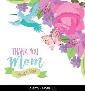 Merci maman la fête des mères, d'oiseaux et de papillons voler ornement fleurs Illustration de Vecteur