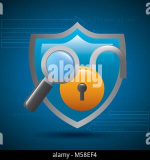 Protection Protection loupe cyber technologie cadenas Illustration de Vecteur