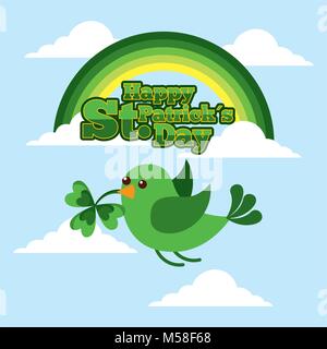 Happy St Patricks day green bird flying trèfle dans beak Illustration de Vecteur