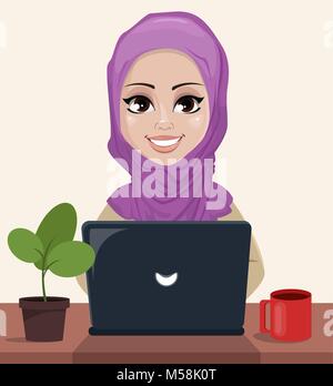 Femme d'affaires arabes travaillant sur un ordinateur portable à son bureau 24. Cute cartoon character. Vector illustration. Illustration de Vecteur