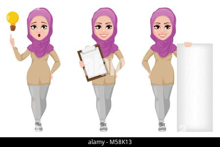 L'arabe business woman, smiling cartoon character, set. Belle jeune femme musulmane dans les tenues de avoir idée, holding clipboard et stand Illustration de Vecteur