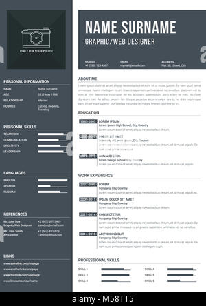 Un moderne4 modèle de CV d'une page avec un calendrier pour l'éducation et l'expérience de travail, vector illustration eps10 Banque D'Images